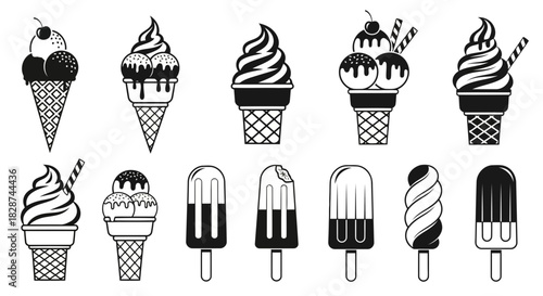 Vector illustration of various ice cream cones, soft serve, and popsicles