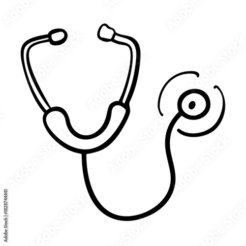 Stethoscope tool illustrated in simple black outline drawing conveys healthcare concepts. Stethoscope tool for examinations, diagnosis, and medical research is an essential instrument.