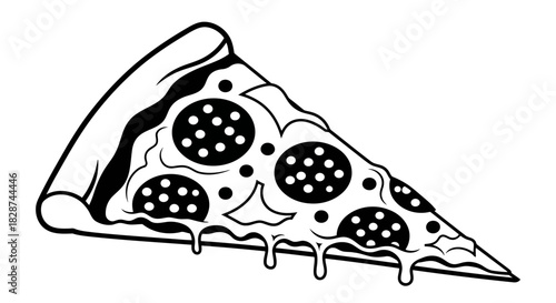 Vector illustration of classic black and white illustration of a delicious pepperoni pizza slice