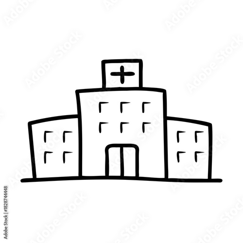 Hospital building outlined with simplistic lines gives cheerful cartoonish childlike line drawing. Depicting medical center with cross, hospital building stands for healthcare, emergency services.