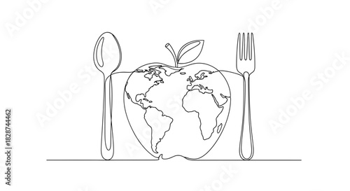 Vector illustration of one line drawing of globe apple and cutlery