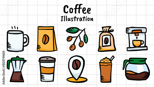 Hand-Drawn Coffee Doodle Icons Set with Machine, Cherry, Takeaway Cup, and Cafe Location Pin Vector Illustration