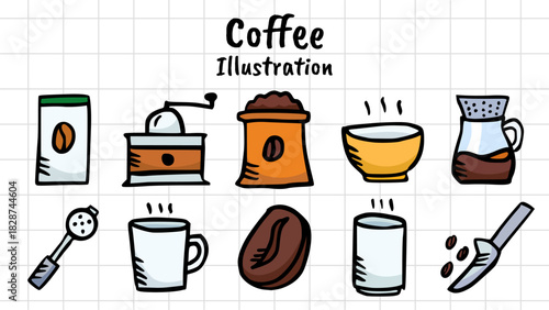 Hand-Drawn Coffee Making Doodle Icons Set, Simple Vector Illustration of Brewing Equipment, Bean, Grinder, Mug, and Cafe Elements