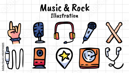 Hand-Drawn Music and Rock Doodle Icons Set, Simple Vector Illustration of Audio Equipment, Sound Instruments, and Festival Elements Collection