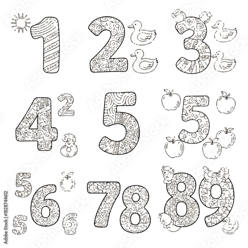 Playful doodled numbers with cute chicks teaching counting and early math skills.