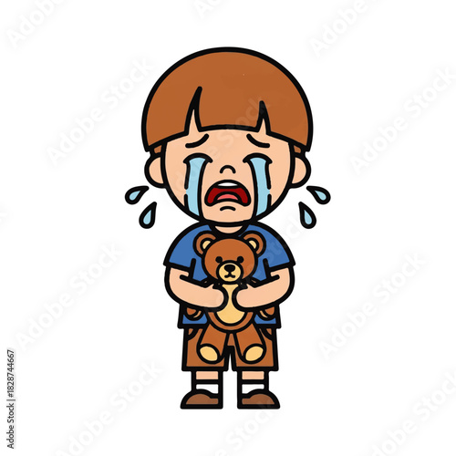 Young boy crying and clutching a teddy bear in distress, conveying sadness and vulnerability.
