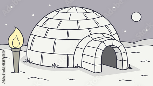 Cartoon Igloo with Torch in Snowy Arctic Landscape under Moonlight