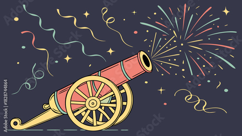 Cartoonish Red Cannon Firing Colorful Fireworks with Streamers and Stars