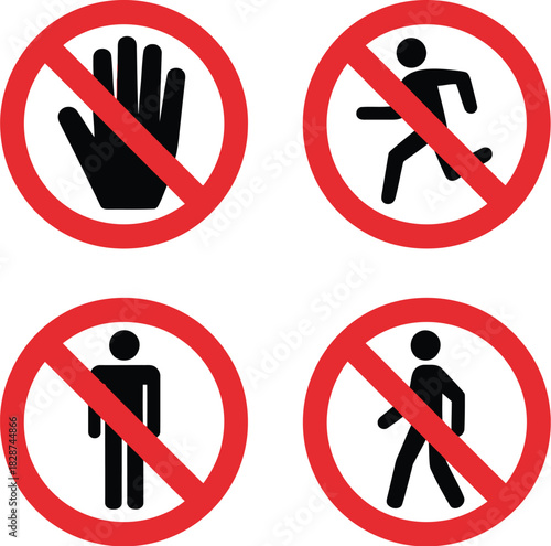 Essential collection of graphic prohibition signs, including no entry, no running, no touching, and no standing symbols, for public safety and regulatory compliance