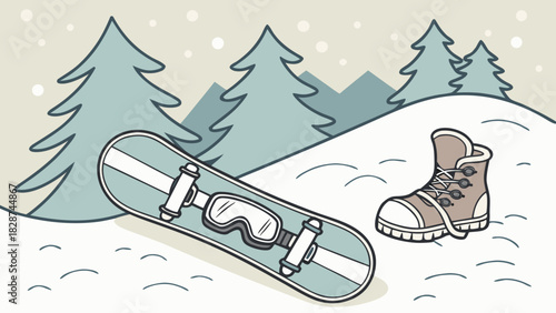 Cartoon Snowboard with Goggles Boot and Evergreen Trees in a Snowy Landscape