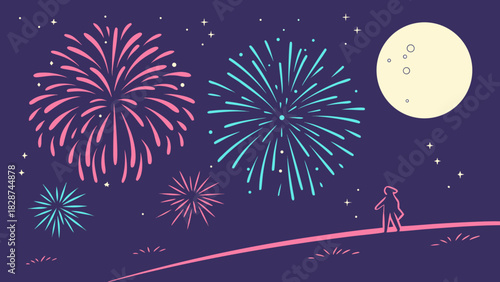 Colorful Fireworks Display Illuminating the Night Sky with a Full Moon