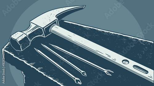Detailed Illustration of Hammer and Nail Sets on Textured Surface