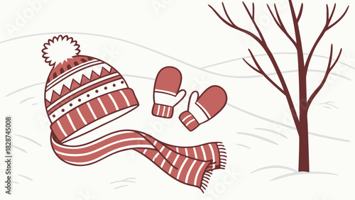Winter accessories knitted hat striped scarf mittens and bare tree illustration
