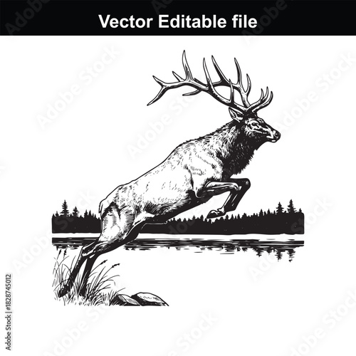Majestic elk leaping over water with forest in background, vector illustration