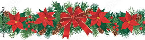 Christmas garland border with poinsettia flowers, pine cones and red bow, festive winter vector illustration, holiday decoration element for greeting card invitation design