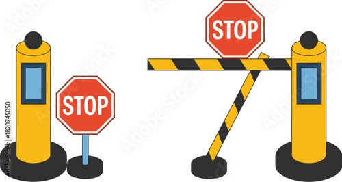 A simple 2d illustration of a yellow automated gate and a traffic control sign