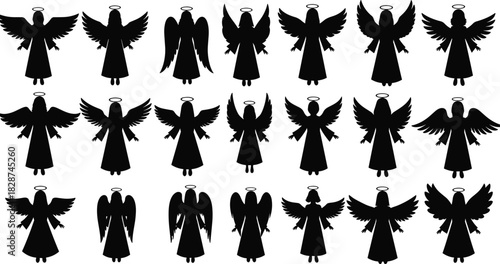 Angels Silhouette Vector Illustration Set, Heavenly Figures with Halo and Wings, Spiritual and Religious Symbolism, Black Graphics for Christmas, Easter, and Celestial Design Elements Collection