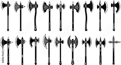 Axe and Viking Weapon Silhouette Collection, Medieval Battle Axes, Hatchet, Tomahawk, and Warrior Tools Icon Set, Isolated Vector Design Elements