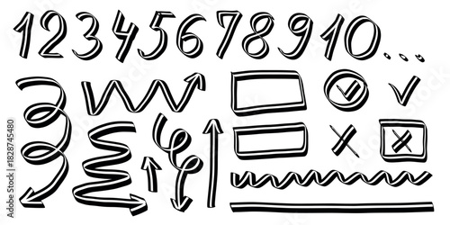 Collection of Hand-Drawn Arrows, Digits, and Check Marks