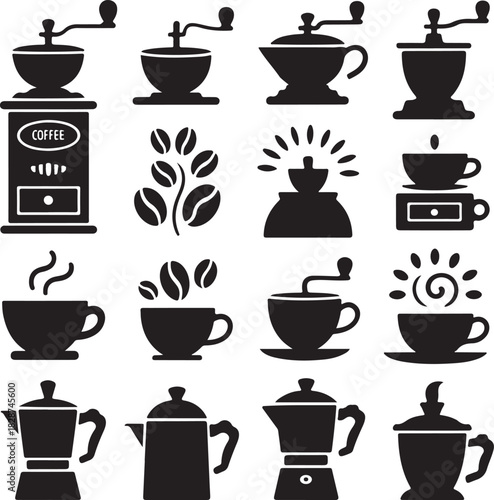 Various coffee related vector icons black and white design elements