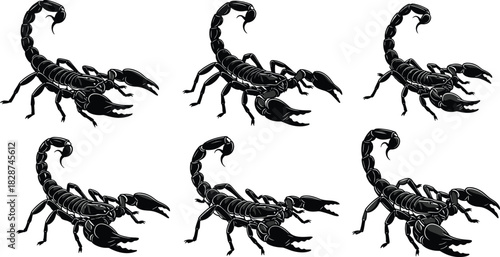 Black Scorpion Vector Set, Group of Poisonous Desert Arachnids with Raised Tails and Pincers, Wildlife, Danger, and Zodiac Symbol, Isolated Illustration