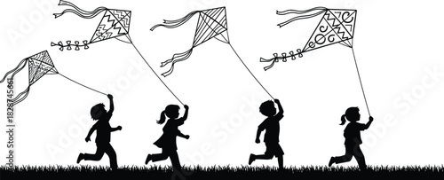 Black Silhouette of Four Children Running and Flying Decorative Kites Over a Grassy Field Vector Illustration Isolated on a White Background for Festival and Playtime