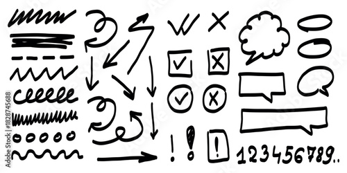 Hand-drawn set of black symbols including arrows, lines, check marks, numbers, exclamation points, and various speech bubbles in sketch style on white background