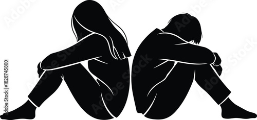 Black Silhouette Vector Illustration of a Sad Couple Sitting Back-to-Back, Representing Relationship Problems, Depression, Emotional Distance, and Broken Love