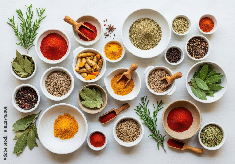 custom made wallpaper toronto digitalVariety of colorful spices and herbs in small bowls overhead view