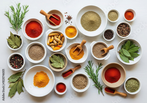 Wallpaper Mural Variety of colorful spices and herbs in small bowls overhead view Torontodigital.ca
