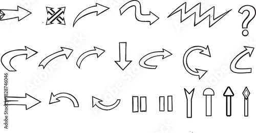 Hand drawn arrow collection and symbols in black and white