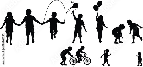 Black vector silhouettes of children playing diverse games like jump rope, kite flying, and cycling, representing childhood freedom, outdoor fun, and happy summer recreation activities
