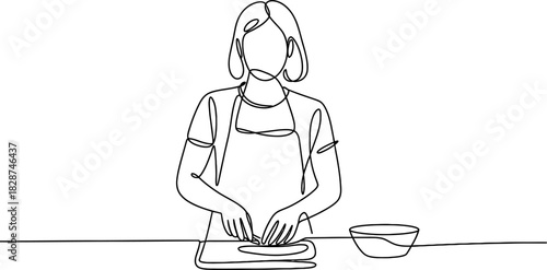 Continuous one line drawing of a woman wearing an apron and chopping ingredients on a cutting board with a bowl nearby, minimalist art style. Vector, illustration