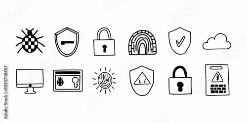 Digital Security Doodles Vector Icons for Cyber Safety & Protection
