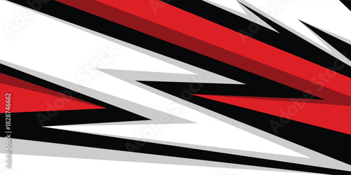 Dynamic red, black, and white abstract racing stripe background with sharp geometric lines and modern high-speed motion effects, perfect for sports graphics, automotive themes, energetic posters.
