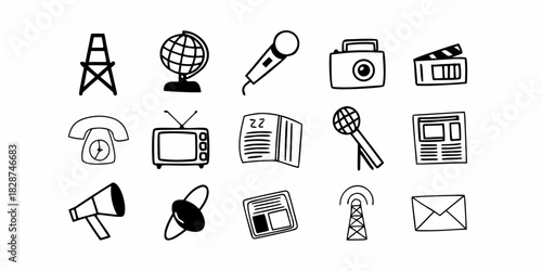 Media and Communication Icons Vector Set for News, Broadcasting, and Information Services