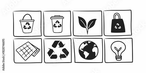 Set of sketch-style doodle icons illustrating eco-friendly concepts like recycling, waste management, renewable energy, and nature preservation, ideal for environmental graphic design projects