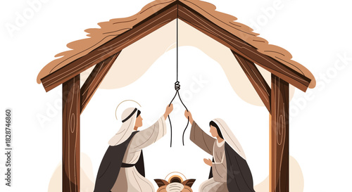 Stylized nativity scene illustration portraying Mary and Joseph preparing for their childs arrival