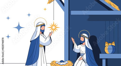 Stylized Nativity Scene Depicting The Holy Family Under Guiding Star Illustration
