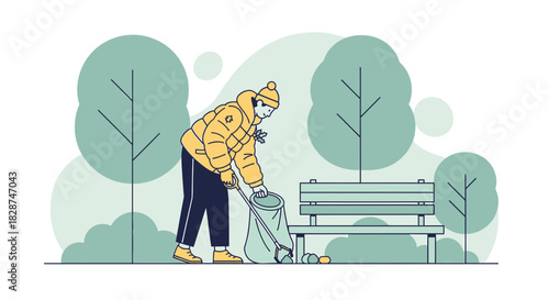 Volunteer cleaning up the park, community service in action, outdoor cleanup initiative,