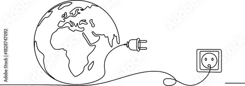 Continuous line art of planet earth connected to a power socket with an electrical plug, symbolizing global energy grid, power, and sustainability Vector, illustration