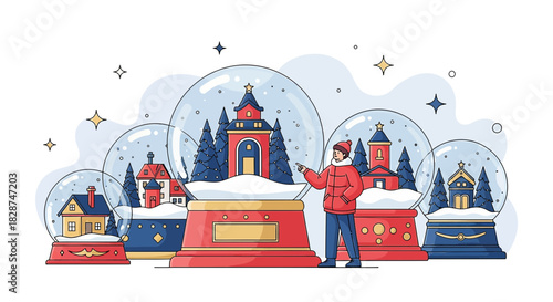 Whimsical winter wonderland: A person admiring snow globes filled with charming homes