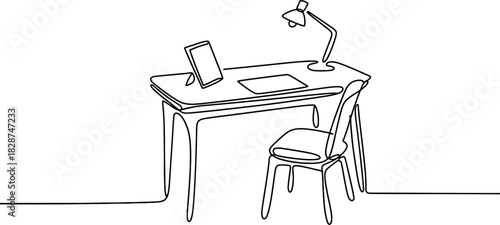 Continuous line drawing of a minimalist home office workspace with a modern desk, chair, digital tablet, and adjustable lamp illustration Vector, illustration