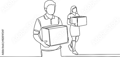 Continuous line drawing of a man and a woman carrying cardboard boxes, illustrating delivery, moving, or logistics concepts with a clean aesthetic. Vector, illustration