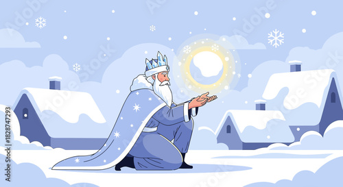 Winter King casts magic with snow-covered village backdrop in a charming illustration