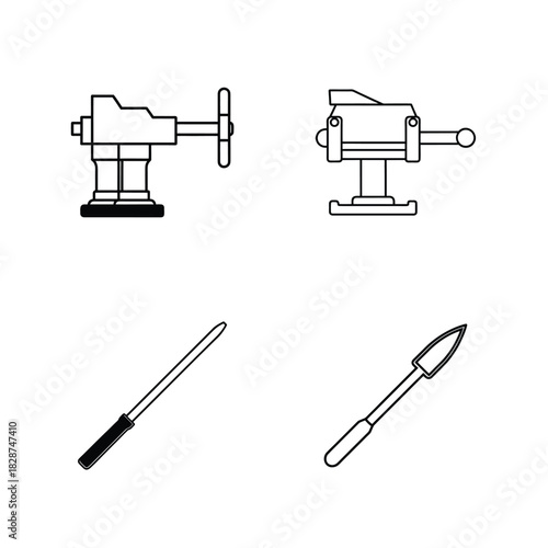 Four line art illustrations of workshop tools including vises and soldering irons vector