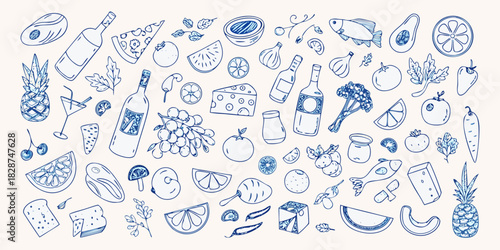 Hand drawn collection of food and drink items in blue outline style on a light background
