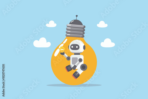 Cute robot holding a bright light bulb symbolizing a new idea or innovation inside a larger light bulb