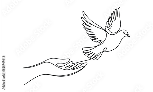 A delicate dove soars from open hands in this continuous single line drawing