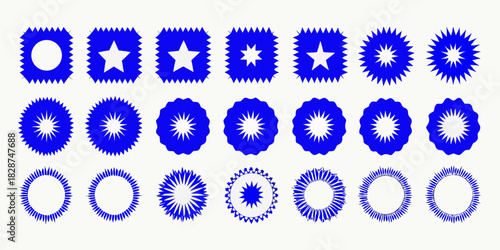 Collection of blue starburst and circular decorative shapes with jagged edges